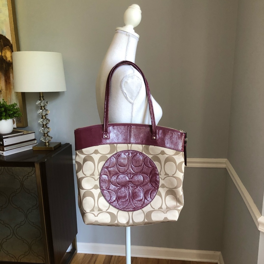 Coach Laura Khaki Berry Purple Sateen Tote F18335